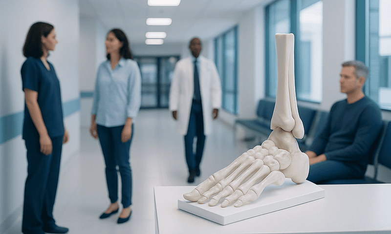 Detailed anatomical model of a foot bone in a medical setting.
