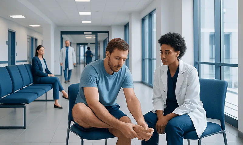 Patient consulting with doctor in hospital corridor.