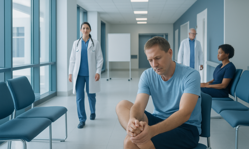 Patient experiencing foot cramps in a hospital corridor with medical staff nearby.