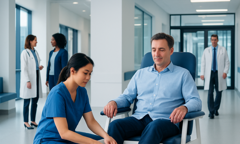Patient in a hospital undergoing a foot detox treatment with medical staff nearby.