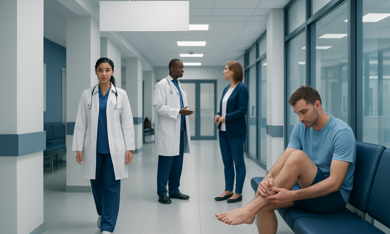 Foot Fungus Pictures: What Patients Need to Know 4 Patient with foot pain in hospital corridor with medical staff nearby.