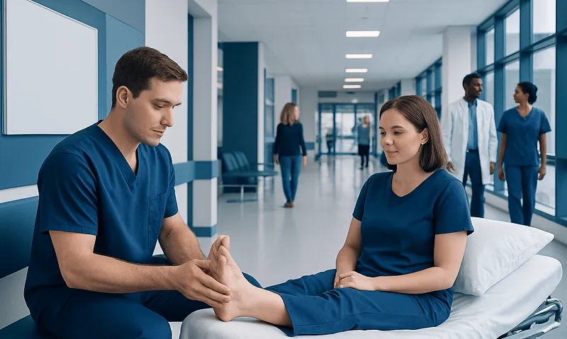 Foot Massage: A Complete Medical Overview 6 Medical professionals perform foot examination in a hospital corridor.