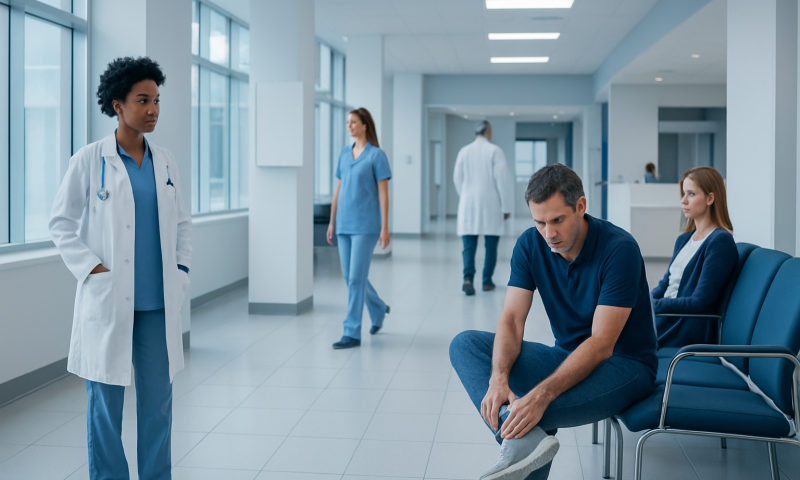 Patient with foot pain in hospital waiting area with medical staff nearby.
