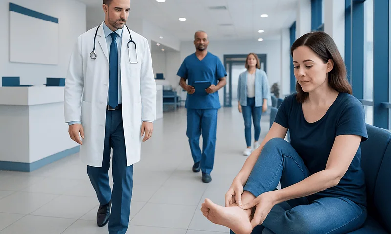 Doctor examining a patient's foot in a hospital corridor.