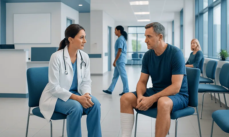 Doctor consulting male patient in hospital waiting area.