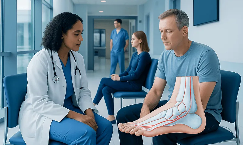Doctor consulting patient with ankle injury in hospital corridor.