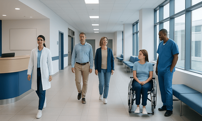 Medical team walking with patient in wheelchair at hospital corridor.