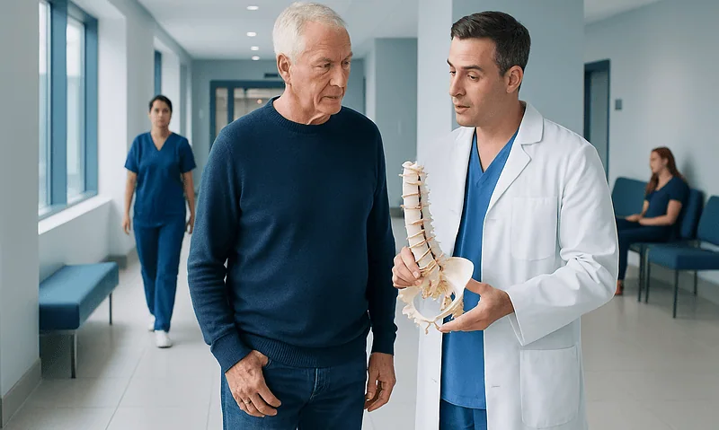 Doctor explaining spinal anatomy to an elderly patient in hospital corridor.