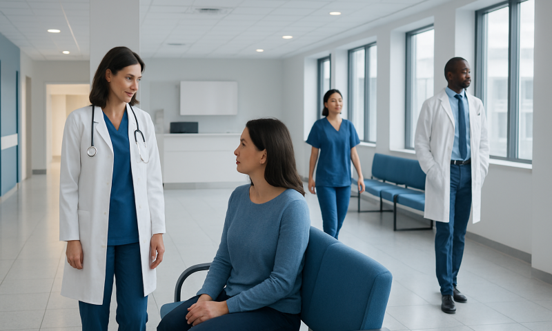 Medical team consulting patient in hospital corridor at Acibadem Hospitals Group.
