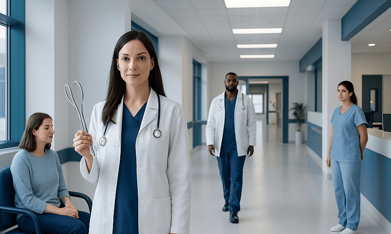 Forceps — Explained by Medical Evidence, Not Myths 4 Medical professionals with forceps in a hospital corridor.