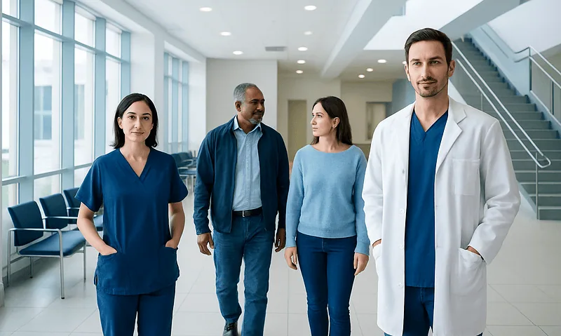 Medical team in hospital corridor with doctor and nurses.
