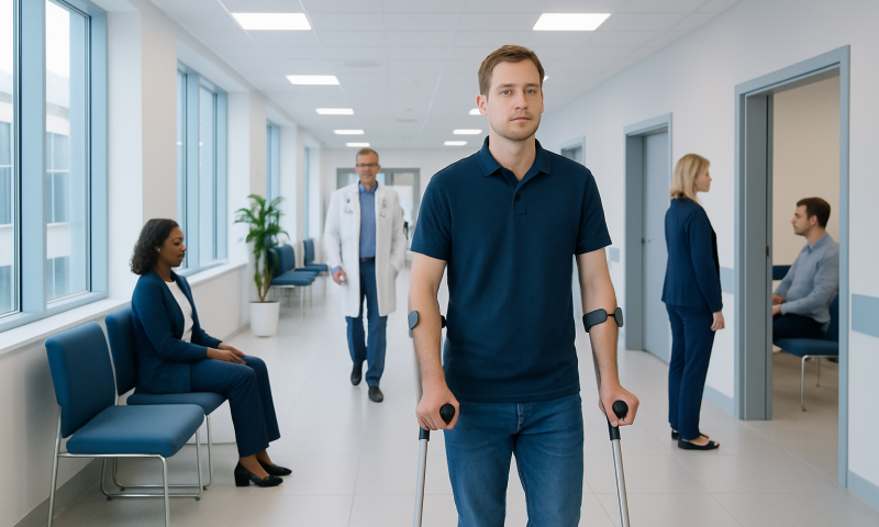 Young man with crutches in a hospital corridor with medical staff and patients.