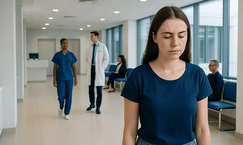 Young woman with forehead acne waiting in a hospital corridor.