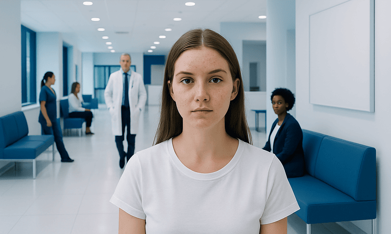 Forehead Acne: An Evidence-Based Guide for Patients 18 Young woman with forehead acne in hospital waiting area.