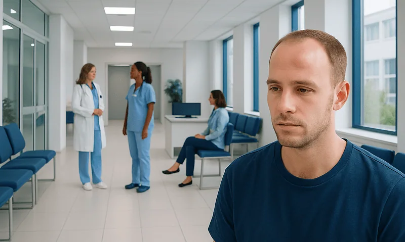 Patient with forehead bumps in a hospital waiting area.