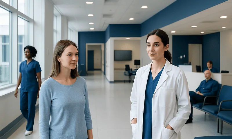 Patient consulting with a doctor in a hospital corridor.