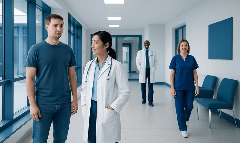 Medical team in hospital corridor with patient and staff members.