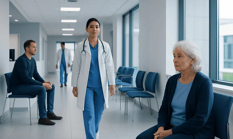 Healthcare professional walking in hospital corridor with elderly patient seated.