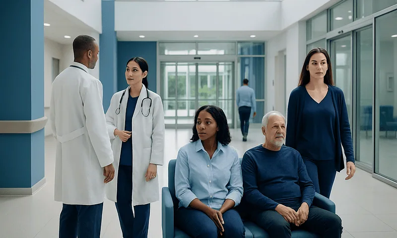 Diverse medical team consulting with patient in hospital lobby.