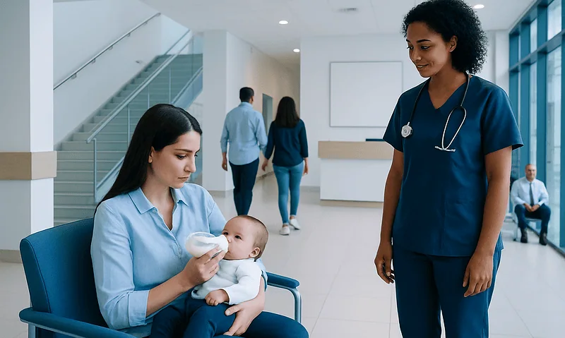 Mother feeding baby with formula in hospital waiting area.