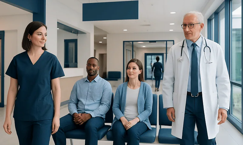 Medical team consulting with patient in hospital waiting area.