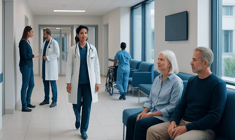 Healthcare professionals and patients in a modern hospital corridor.