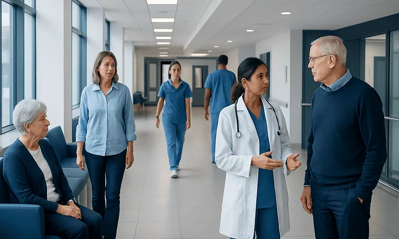Hospital corridor with medical staff and patient in conversation.