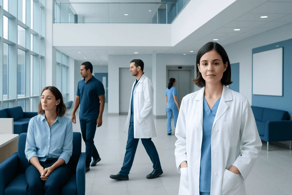Fractionated Coconut Oil: A Complete Medical Overview 1 Healthcare professionals in a modern hospital lobby with large windows.