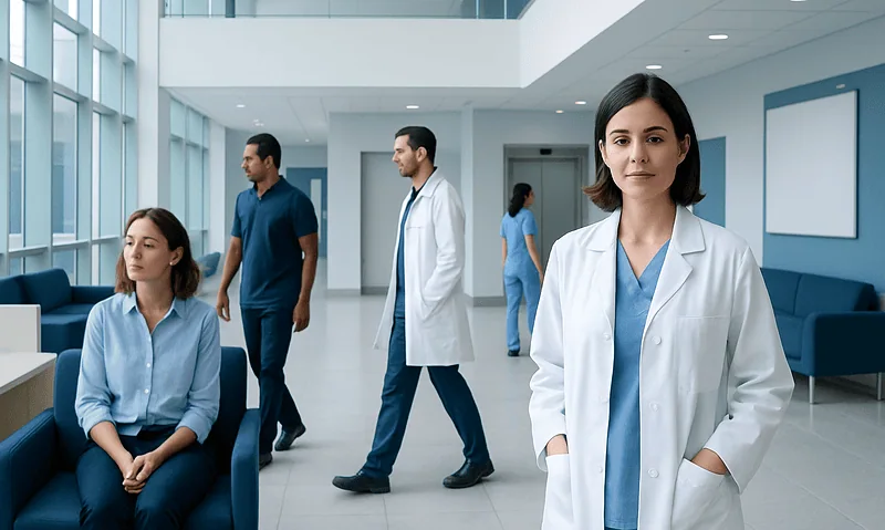 Healthcare professionals in a modern hospital lobby with large windows.