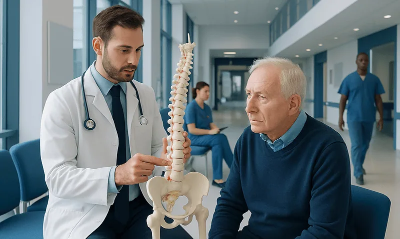 Doctor explaining spinal anatomy to patient in hospital corridor.
