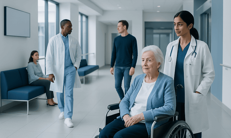 Elderly woman in wheelchair with healthcare professionals in hospital corridor.