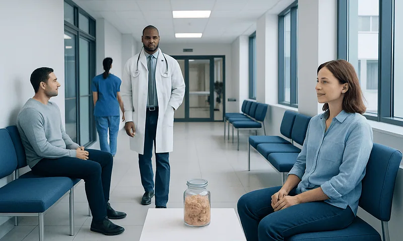 Doctor consulting with patients in a hospital corridor.