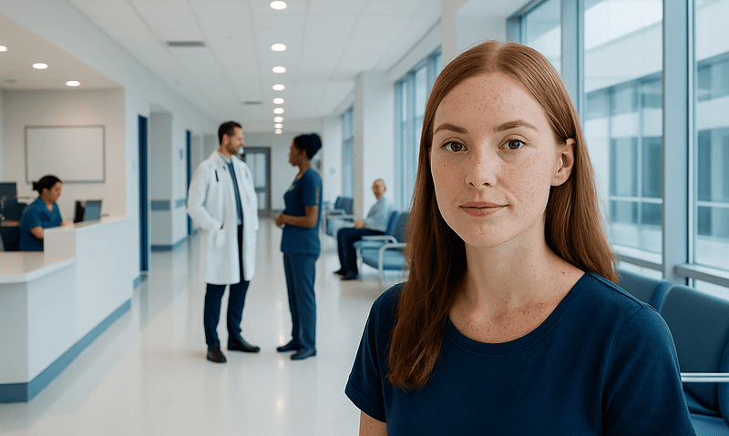 Young female patient in hospital corridor at Acibadem Hospitals Group.