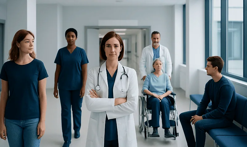 Medical team in hospital corridor with doctor and patients.