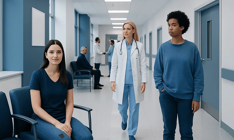 Patients and healthcare professionals in a hospital corridor.