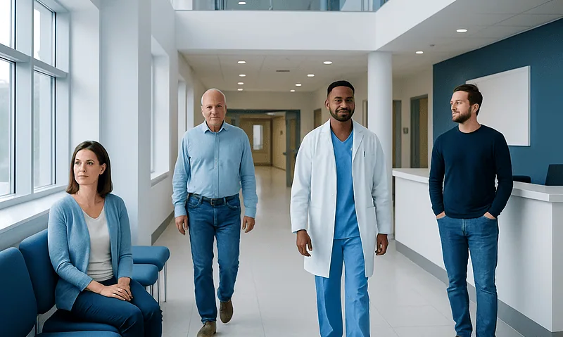Diverse medical team walking in hospital corridor at Acibadem Hospitals Group.
