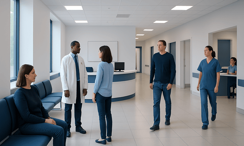 Patients and healthcare professionals in a hospital waiting area.