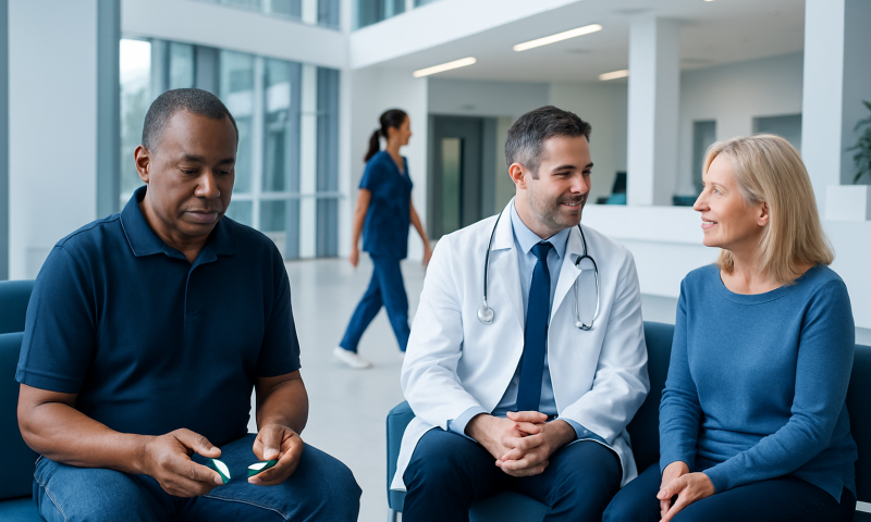 Healthcare professionals consulting with a patient in a modern hospital lobby.