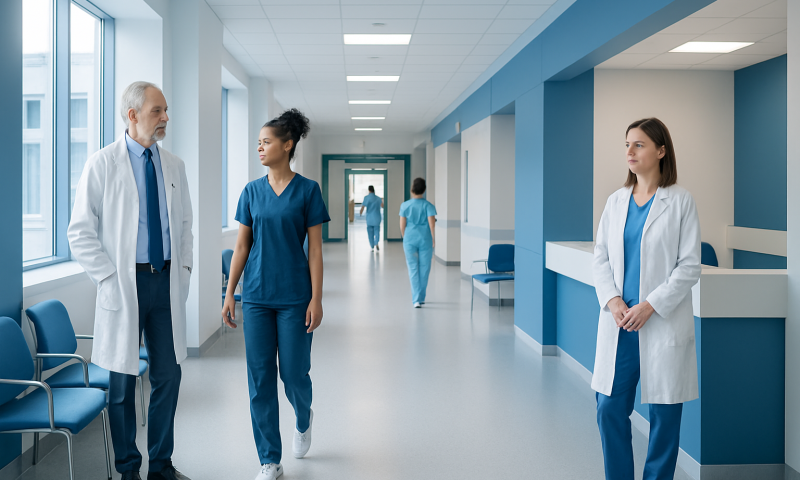 Medical professionals and doctor in hospital corridor at Acibadem Hospitals Group.