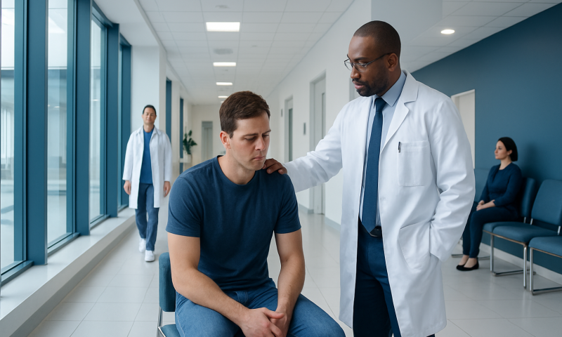 Why Am I Pooping So Much? Causes, Explanations, and Next Steps 6 Doctor consulting with a patient in a hospital corridor.
