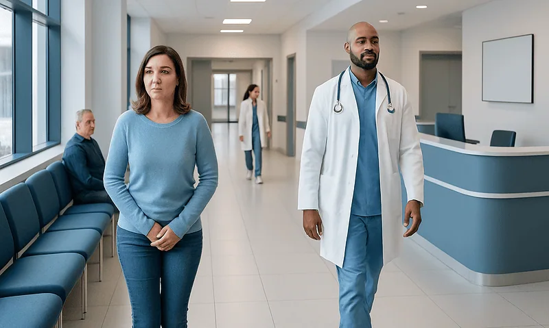 Patient waiting in hospital corridor with doctor nearby at Acibadem Hospitals.