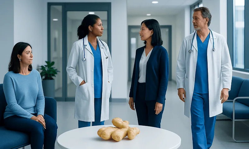 Medical team discussing patient care in hospital corridor with ginger on table.