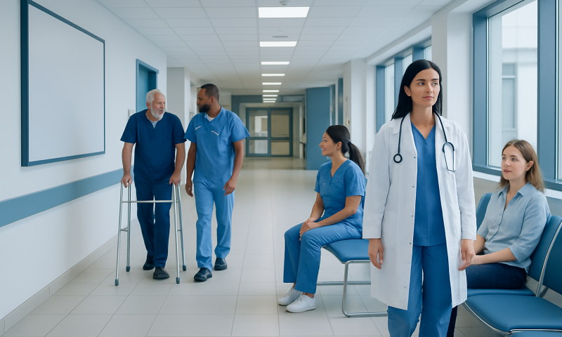 Healthcare professionals and patients in a hospital corridor.