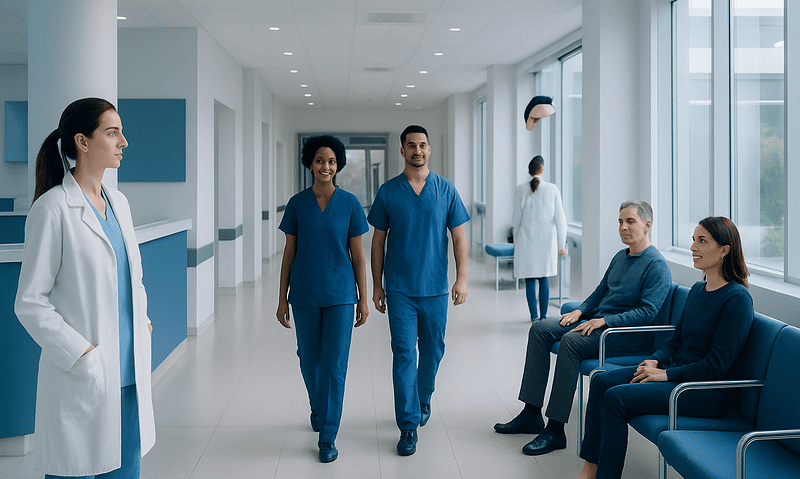 Healthcare professionals and patients in a modern hospital corridor.