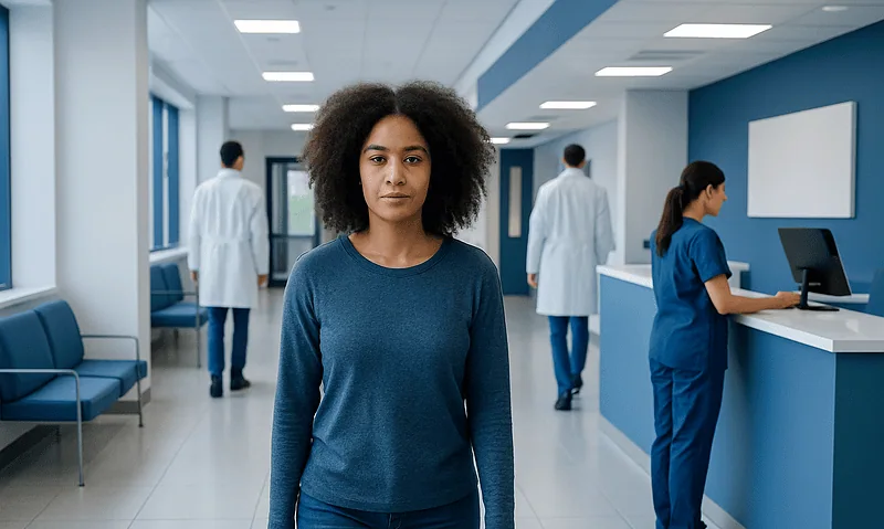 Diverse group of medical professionals and a patient in a modern hospital corridor.