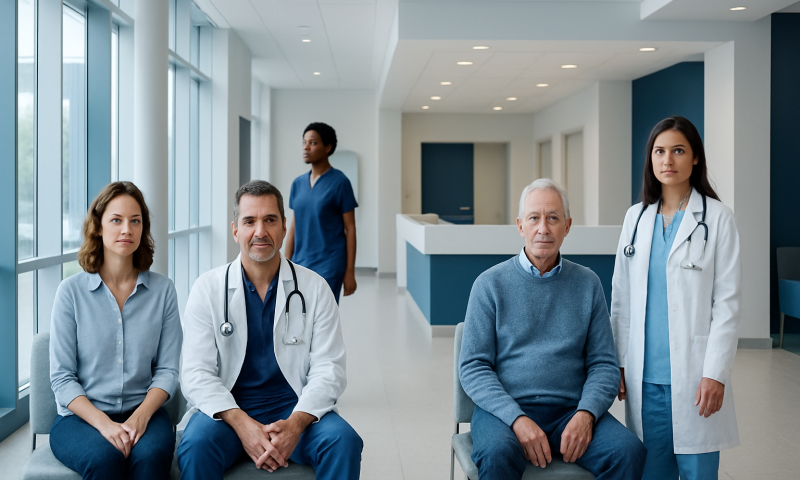 Diverse group of medical professionals and patients in a modern hospital corridor.