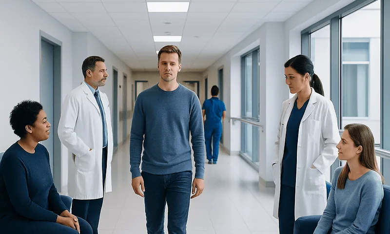 Patient walking in hospital corridor with medical staff and visitors nearby.