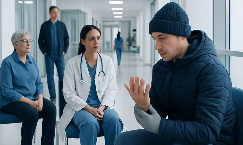 Young man with frostbite symptoms consulting with doctors in hospital.