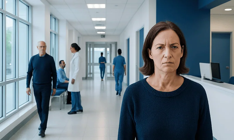 Woman with frown lines in hospital corridor, healthcare setting.