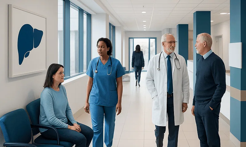 Medical professionals and patient in hospital corridor at Acibadem Hospitals Group.